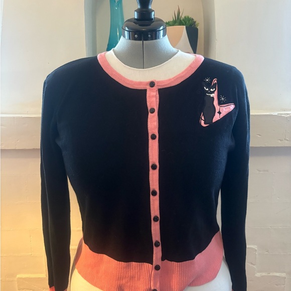 Voodoo Vixen Sweaters - Voodoo Vixen Black and Pink Atomic Cat-Embroidered Cardigan Sweater